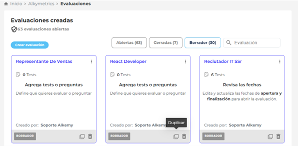 borradores de evaluaciones en Alkymetrics
