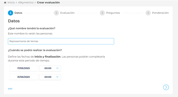 crear una evaluación en Alkymetrics